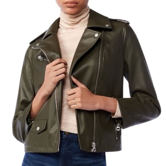 Scoop Faux Leather Moto Jacket Olive Green Bikercore Jacket Women’s Size Small - Picture 1 of 13